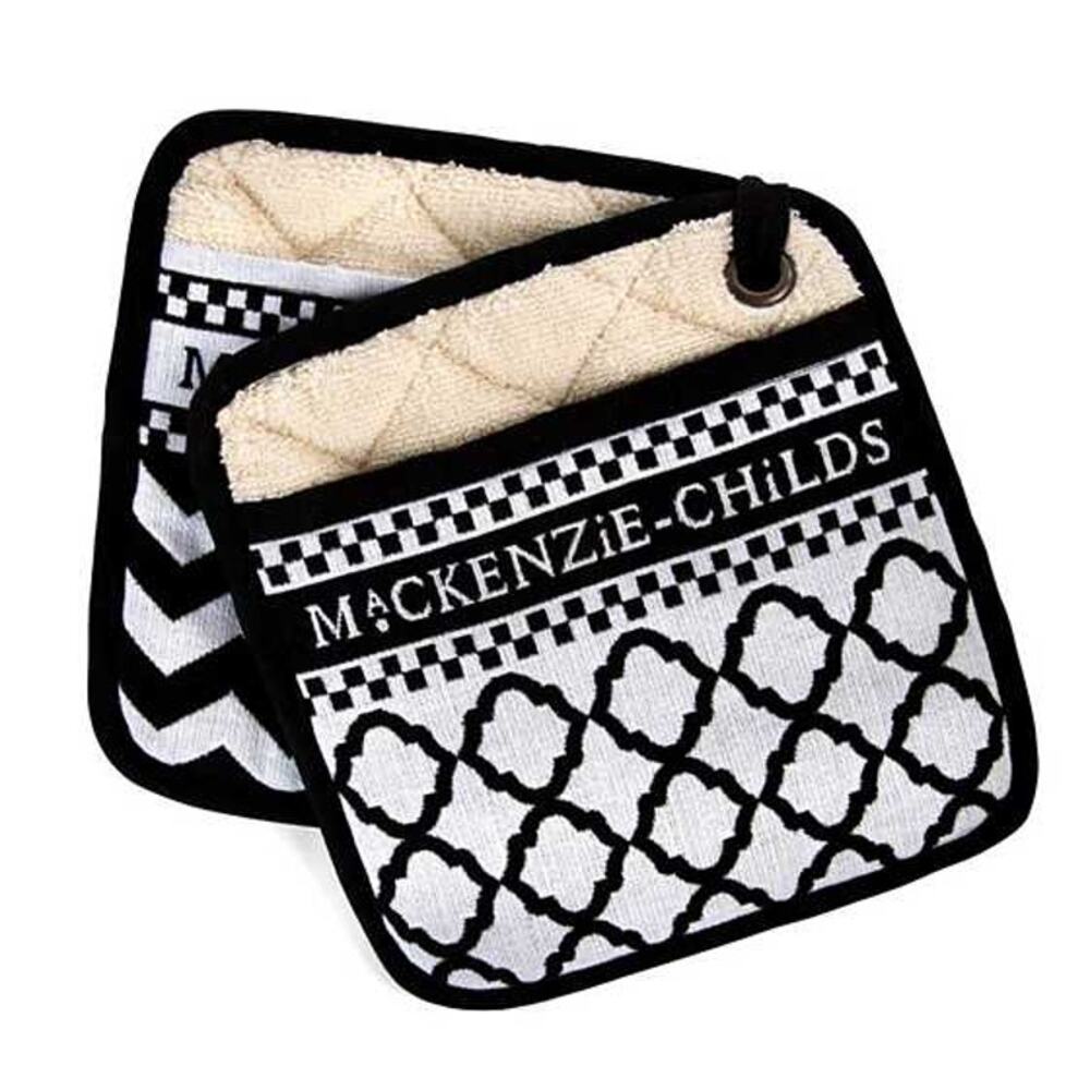 MACKENZIE-CHILDS Black & White Zig Zag Potholders Cotton Kitchen Set of 2 NEW